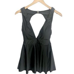 Black deep plunge one-piece swimsuit with full coverage skirt and bottoms